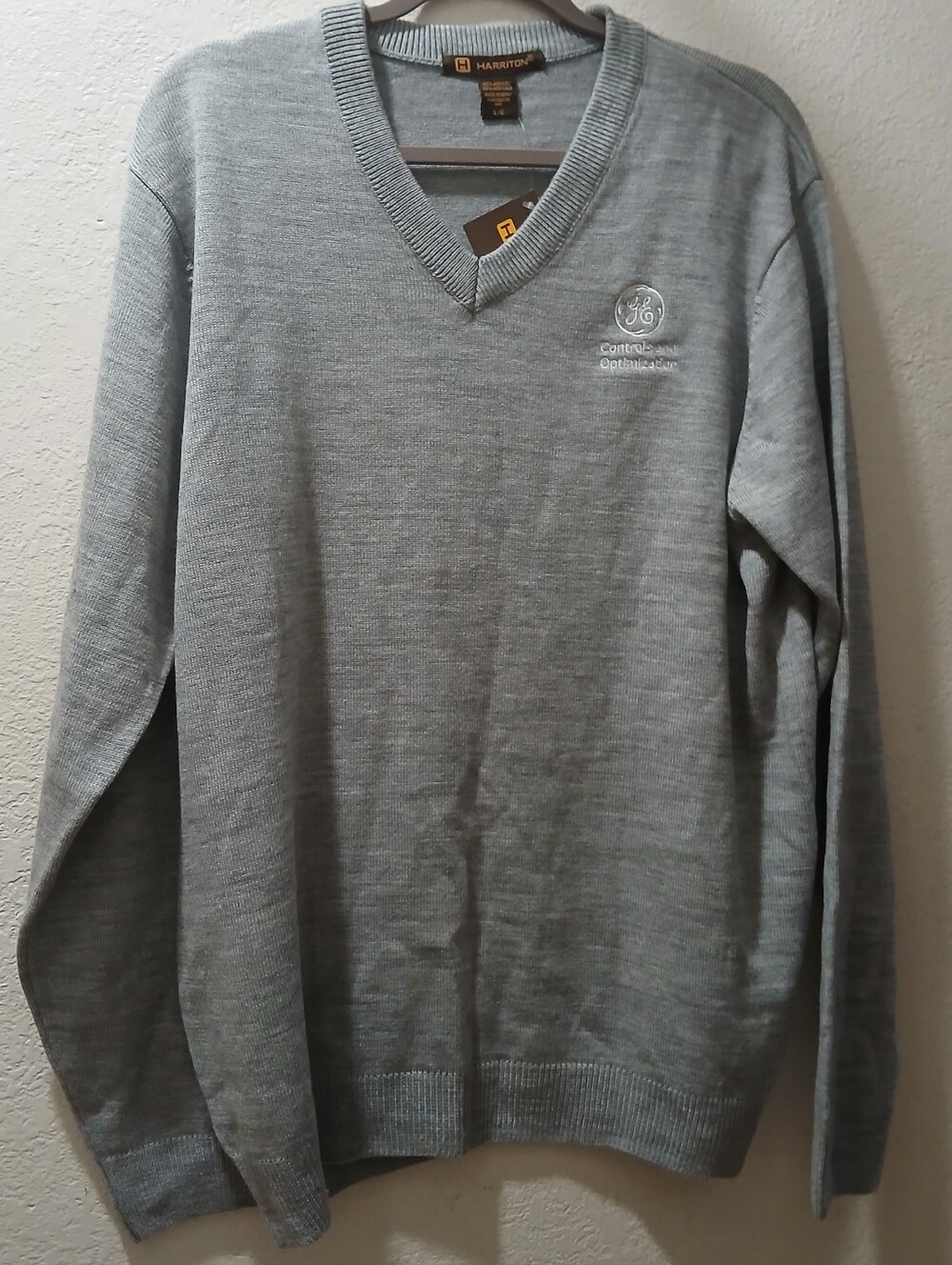 Harrington Men's V-Neck Sweater in Light Gray with GE Logo
